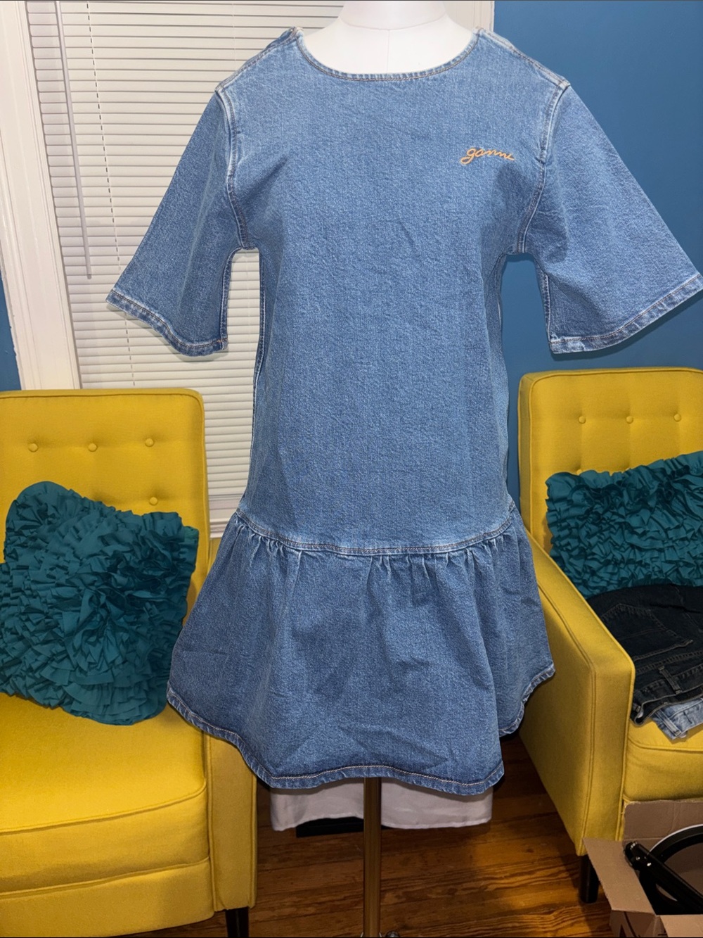 Ganni Light Blue Denim Ruffle-Hem Casual Dress with Gold Logo